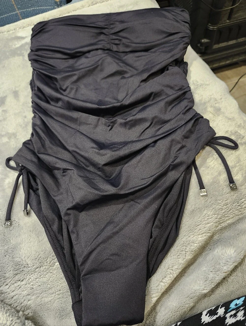 Michael Kors Black Shirred Bandeau One-Piece Swimsuit with Removable Halter